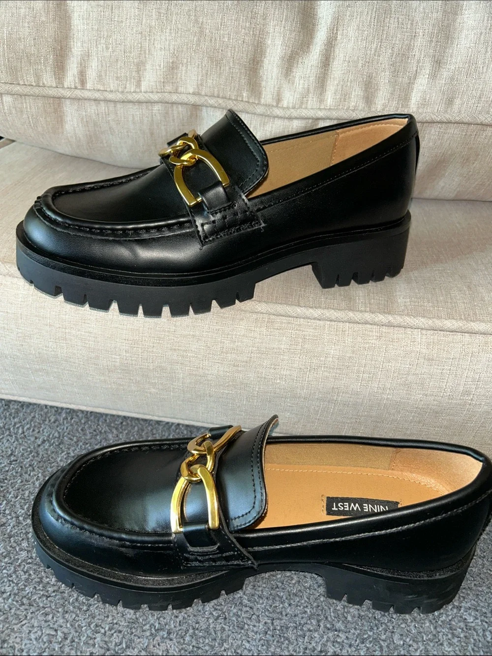 Nine West Black Loafers with Gold Chain Accent